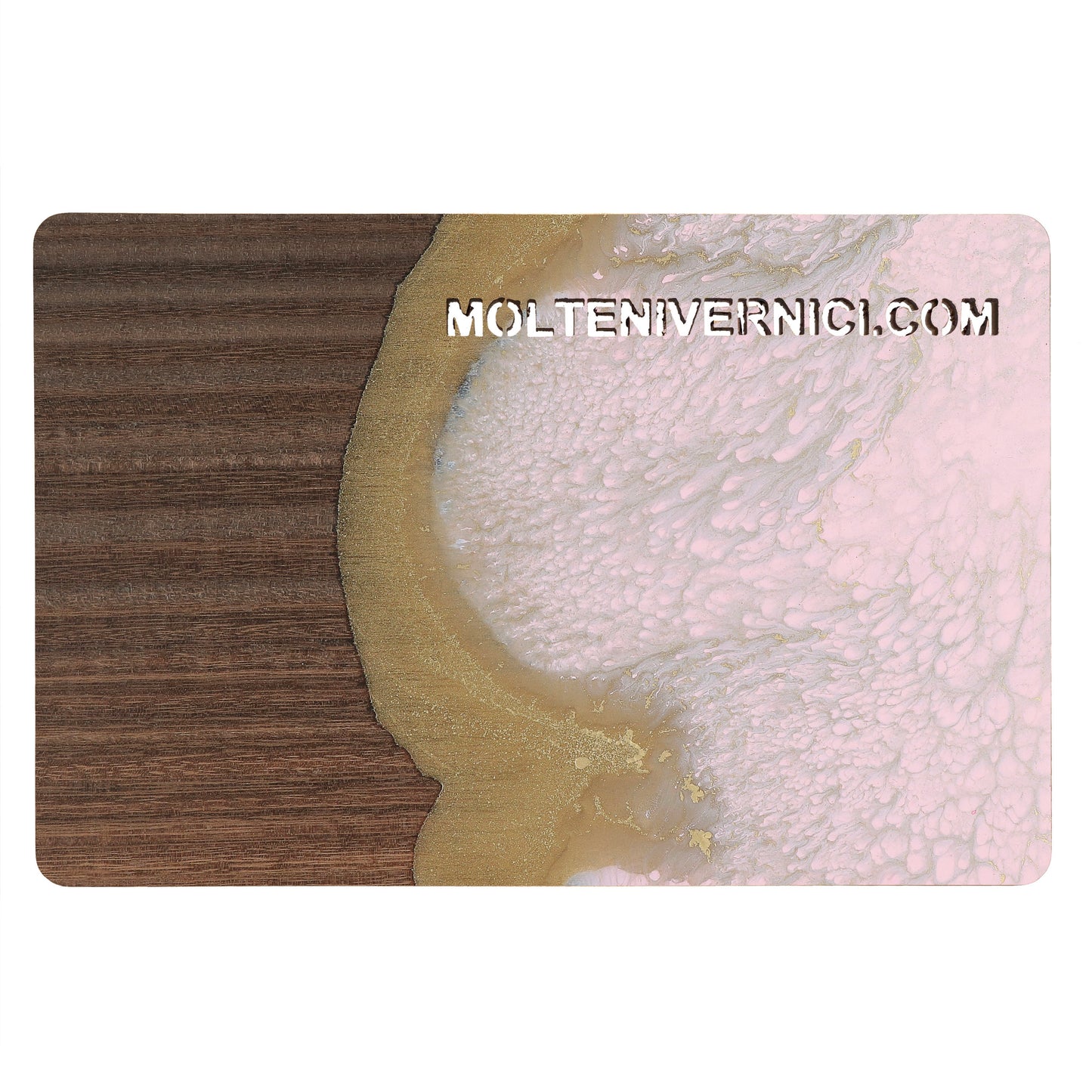 Variante colore WUNDAA Rosa Portogallo: finitura ceramica liquida con effetto texture rosa polvere e dettagli metallici oro su base legno - Molteni Vernici